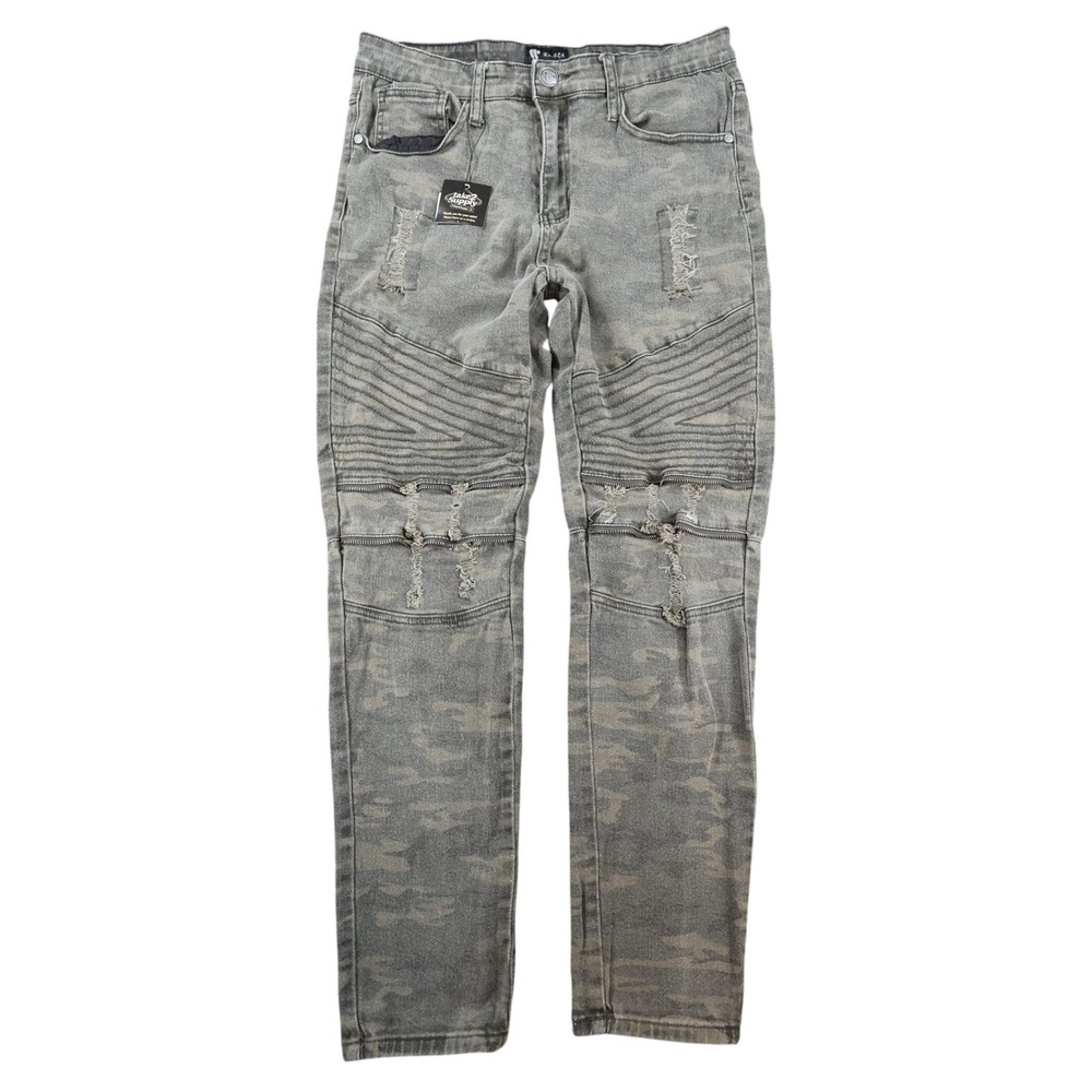 Waimea Biker Jeans Mens 34 Green Cotton Spandex Skinny Fit Camo Distressed Moto